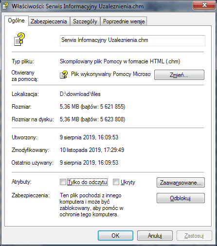 okienko właściwości zablokowanego pliku *.chm